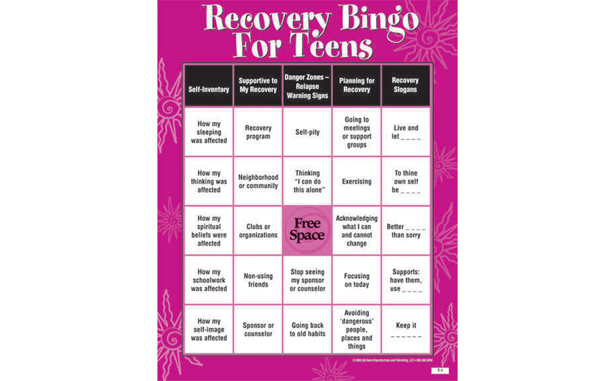 Recovery Bingo Game for Teens Games
